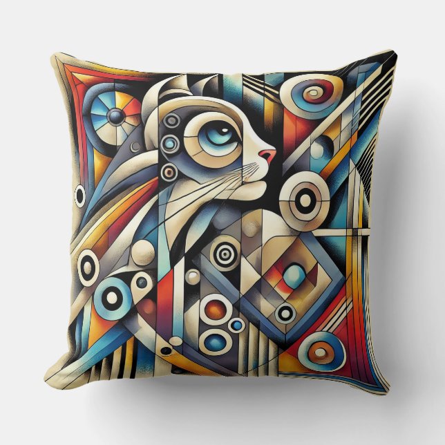 Cat with Bold Geometric Patterns and Colours Throw Pillow (Front)