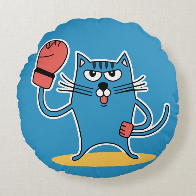 Cat with Boxing Gloves Round Pillow (Front)