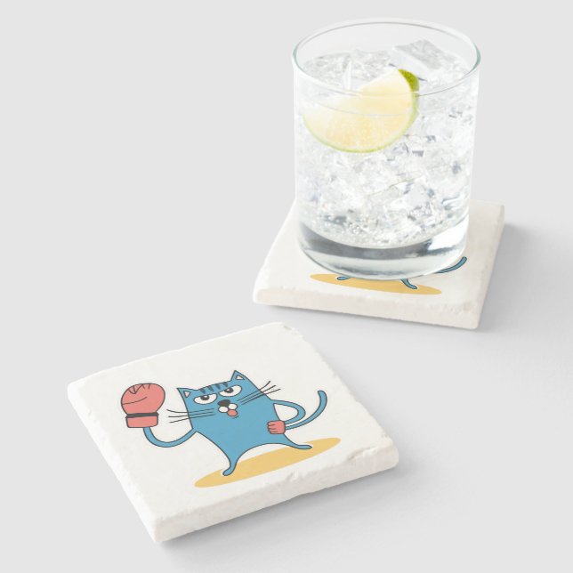 Cat with Boxing Gloves Stone Coaster (Side)