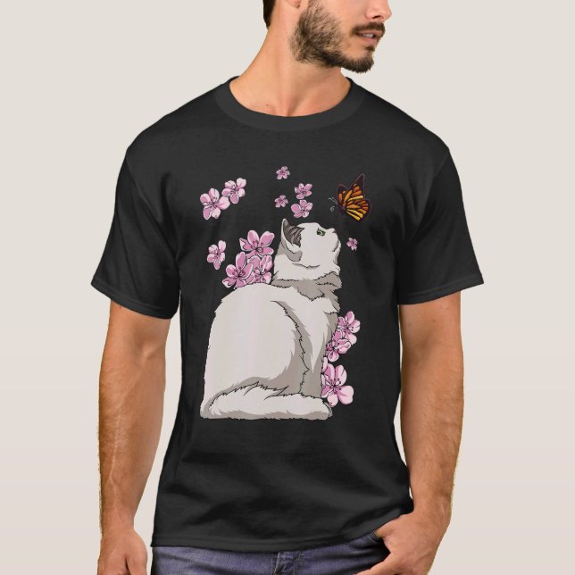 Cat With Butterfly Japanese Sakura Cherry Blossom T-Shirt (Front)
