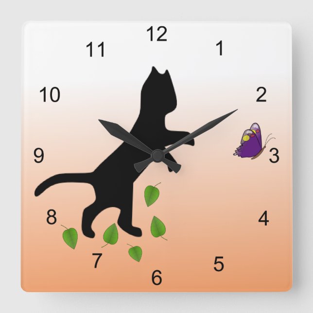 Cat With Butterfly Square Wall Clock (Front)
