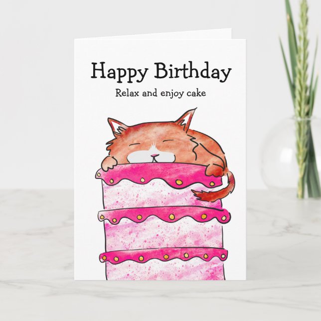 Cat with cake birthday card (Front)