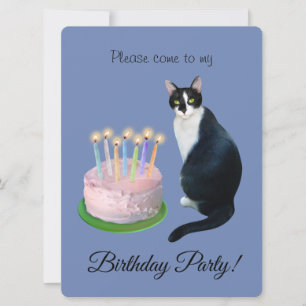 Cat with Cake Birthday Party Invitation