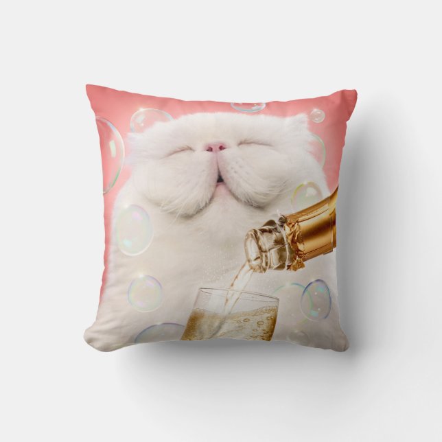 Cat With Champagne Throw Pillow (Front)