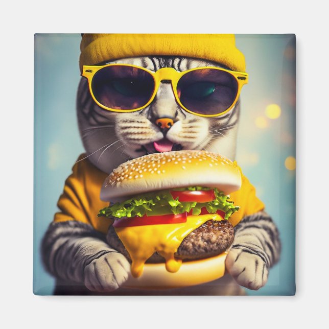 CAT WITH CHEESEBURGER FUNNY FRIDGE Magnet (Front)