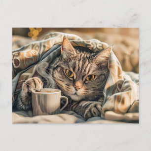 Cat with coffee and book in cozy blanket holiday postcard