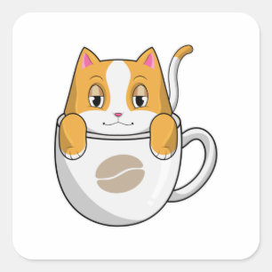 Cat with Coffee Cup Square Sticker