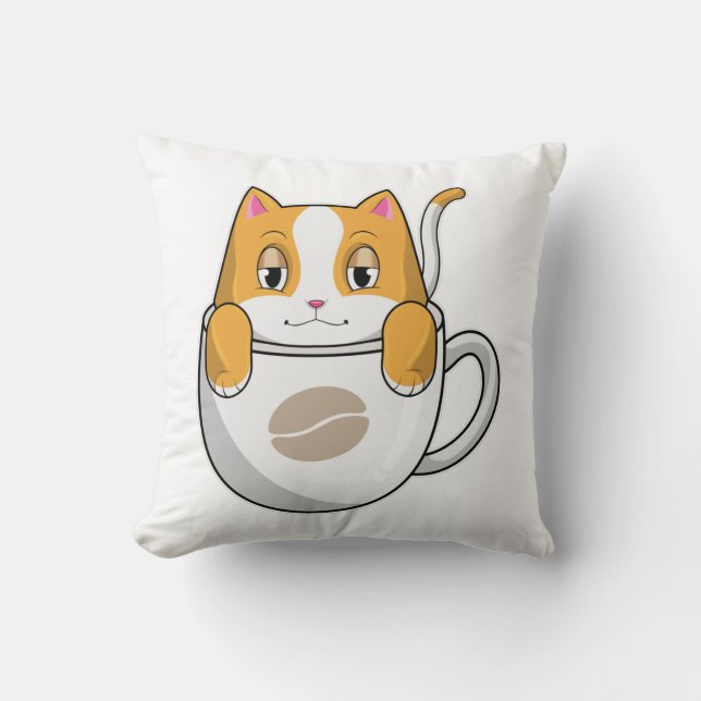 Cat with Coffee Cup Throw Pillow (Front)