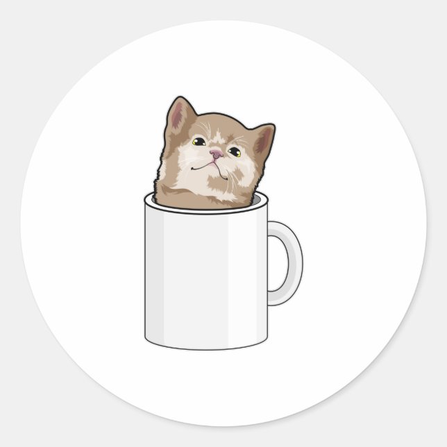 Cat with Coffee mug Classic Round Sticker (Front)