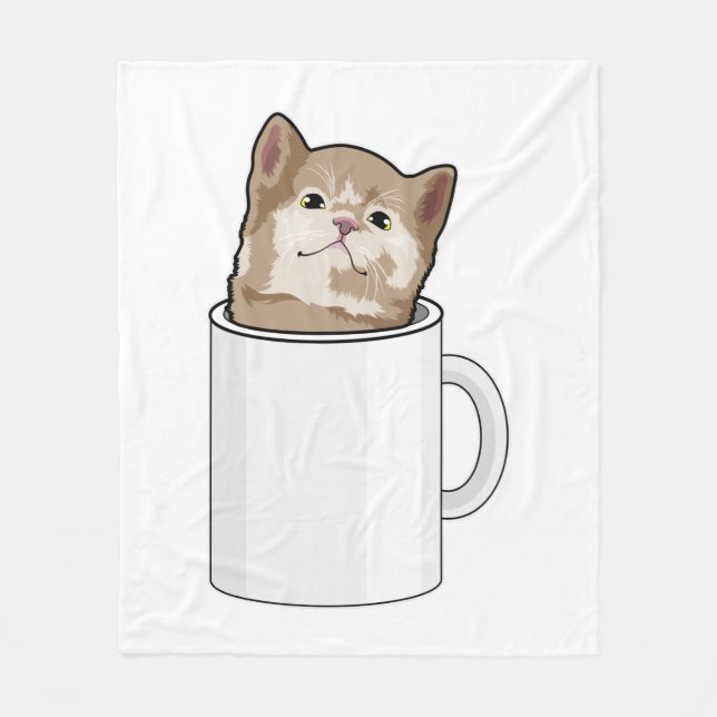 Cat with Coffee mug Fleece Blanket (Front)
