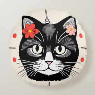 Cat With Colourful Flowers and Graphic Elements Round Pillow