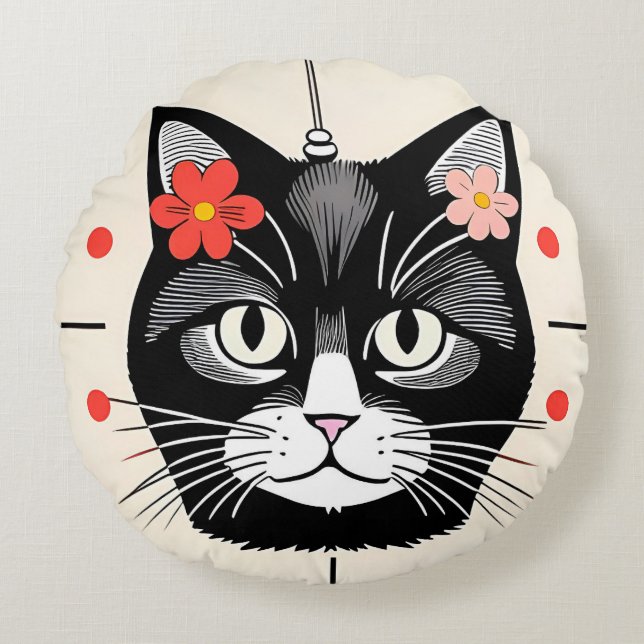 Cat With Colourful Flowers and Graphic Elements Round Pillow (Front)
