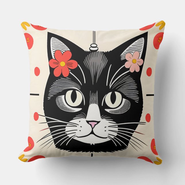 Cat With Colourful Flowers and Graphic Elements Throw Pillow (Front)