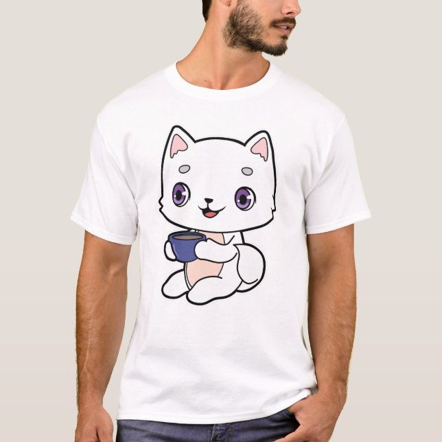 Cat with Cup of Coffee T-Shirt (Front)