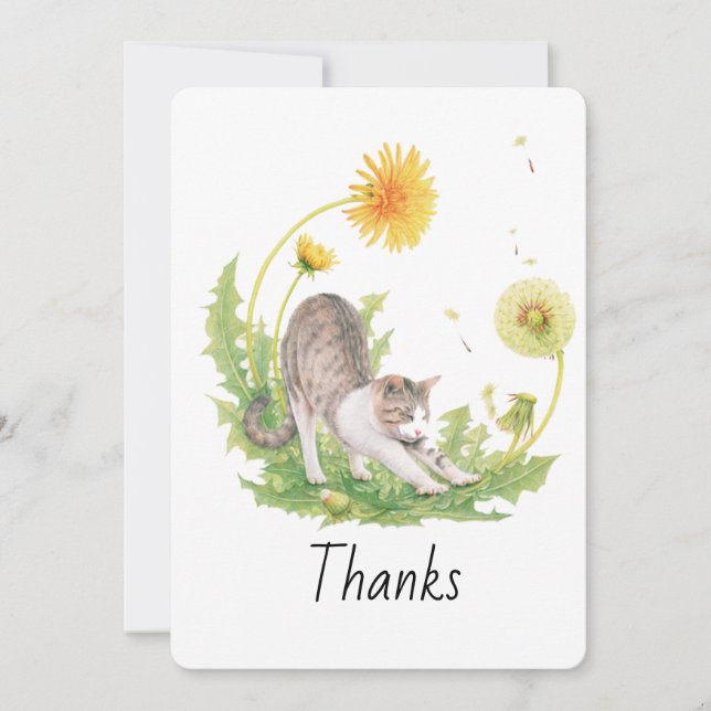 Cat with Dandelions Customizable Thank You Card (Front)