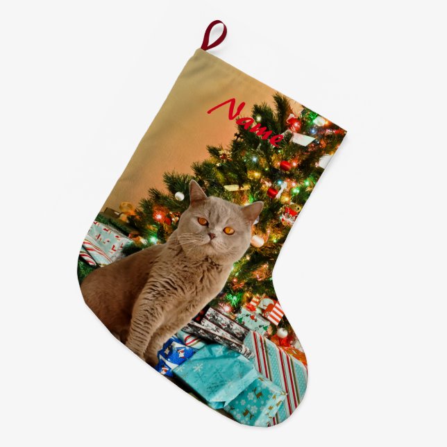Cat with Decorated Christmas Tree and Gift Boxes Large Christmas Stocking (Front (Hanging))
