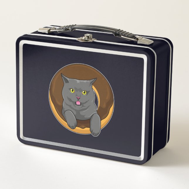 Cat with Doughnut Metal Lunch Box (Front)