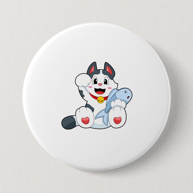 Cat with Fish 3 Inch Round Button (Front)