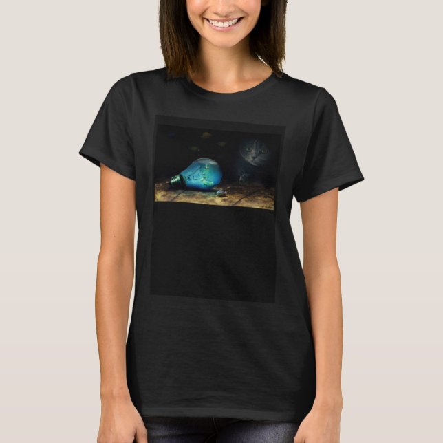 Cat with Fish Aquarium in a Light Bulb and Snail T-Shirt (Front)