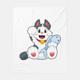 Cat with Fish Fleece Blanket