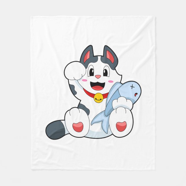 Cat with Fish Fleece Blanket (Front)
