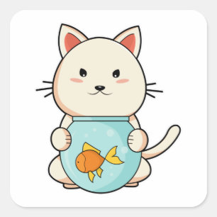 Cat with Fish in Glass Square Sticker