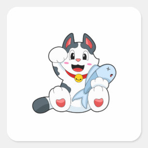 Cat with Fish Square Sticker