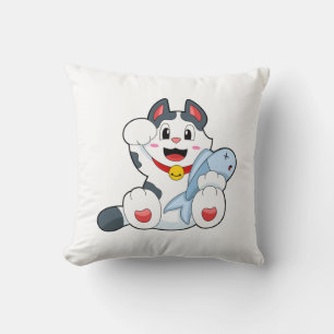 Cat with Fish Throw Pillow