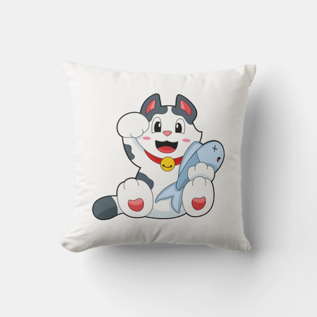 Cat with Fish Throw Pillow (Front)