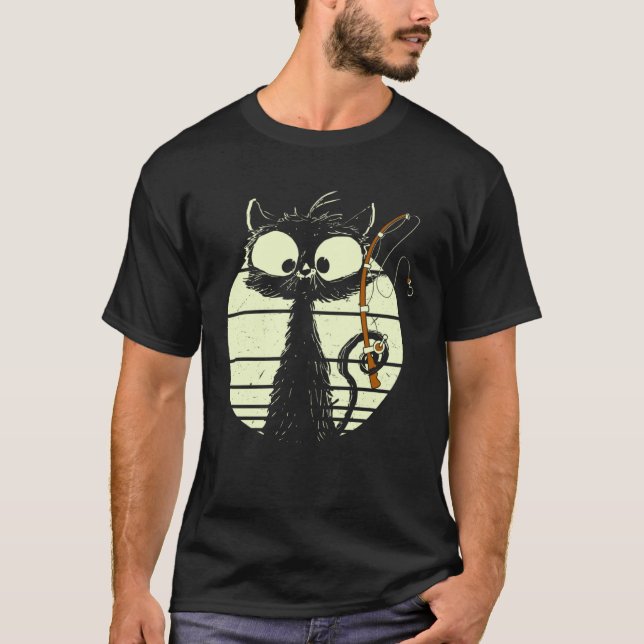 Cat With Fishing Rod Fishing Cat Cute Cat T-Shirt (Front)