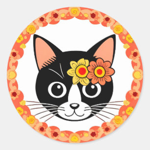 Cat With Floral Headpiece Surrounded by Decorative Classic Round Sticker
