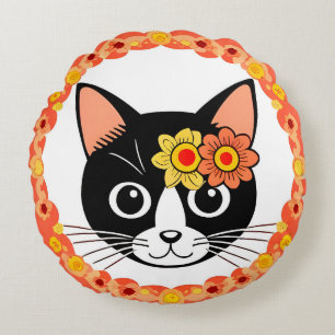 Cat With Floral Headpiece Surrounded by Decorative Round Pillow
