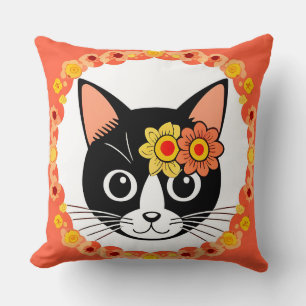Cat With Floral Headpiece Surrounded by Decorative Throw Pillow