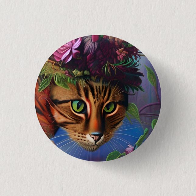 cat with flower hat art   1 inch round button (Front)