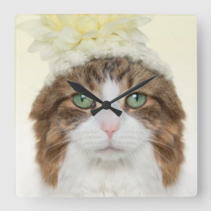 Cat With Flower Hat Square Wall Clock