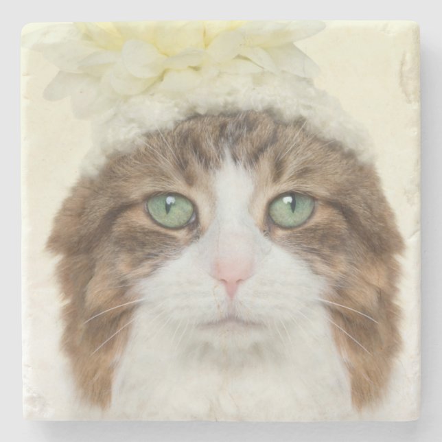 Cat With Flower Hat Stone Coaster (Front)
