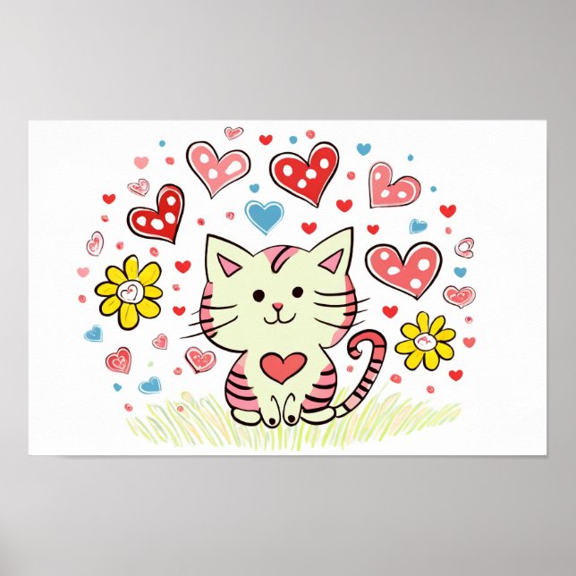Cat with flowers and hearts poster (Front)