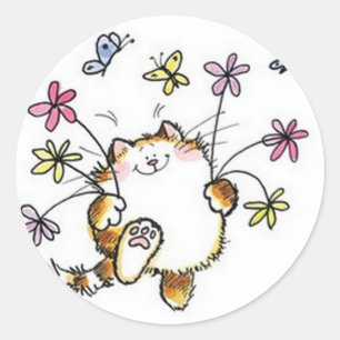 Cat with flowers classic round sticker