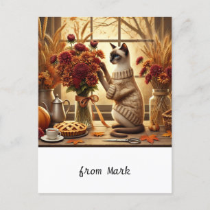 Cat with flowers for Fall Season Greeting Holiday Postcard