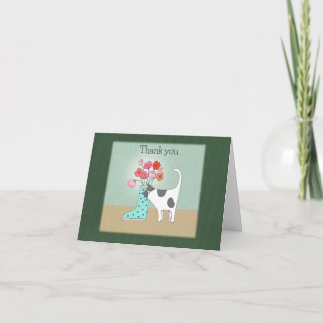 Cat with Flowers in Boot Whimsical Quirky Cat Art  Thank You Card (Front)