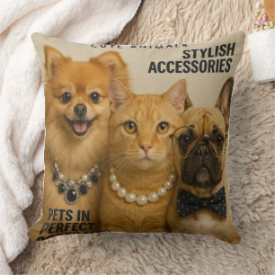 Cat with friends on magazine throw pillow
