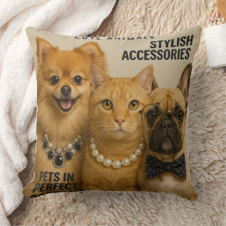 Cat with friends on magazine throw pillow