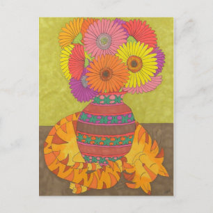 Cat with Gerbera Daisies in Talavera Vase Postcard