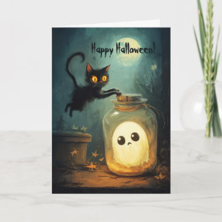 Cat with Ghost in a Jar Thank You Card