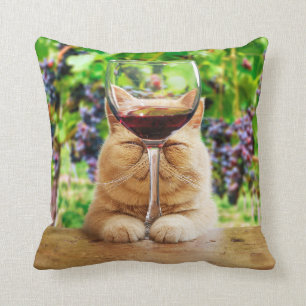 Cat With Glass of Wine Throw Pillow