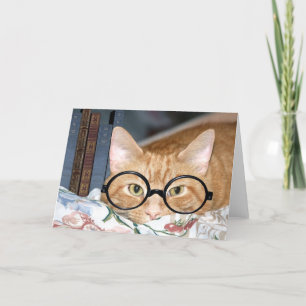Cat with glasses and books card