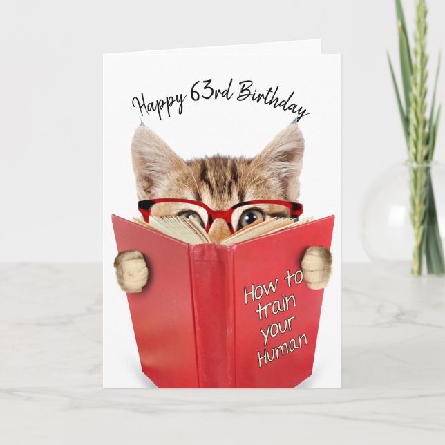 Cat with Glasses and Red Book 63rd Birthday  Card (Front)