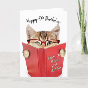 Cat with Glasses and Red Book 70th Birthday   Card