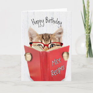 Cat with Glasses and Red Book Birthday Card