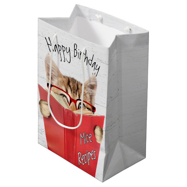 Cat with Glasses and Red Book Birthday  Medium Gift Bag (Front Angled)